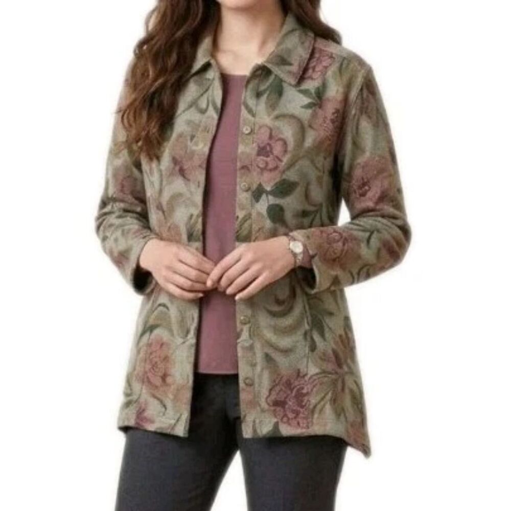 VTG Chico's Design Floral Shirt Jacket Shacket Metallic Gold Thread Size Large